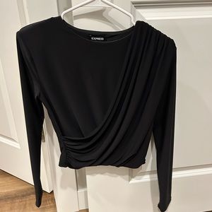 Express Matte Crew Neck Long Sleeve Draped Cropped Top